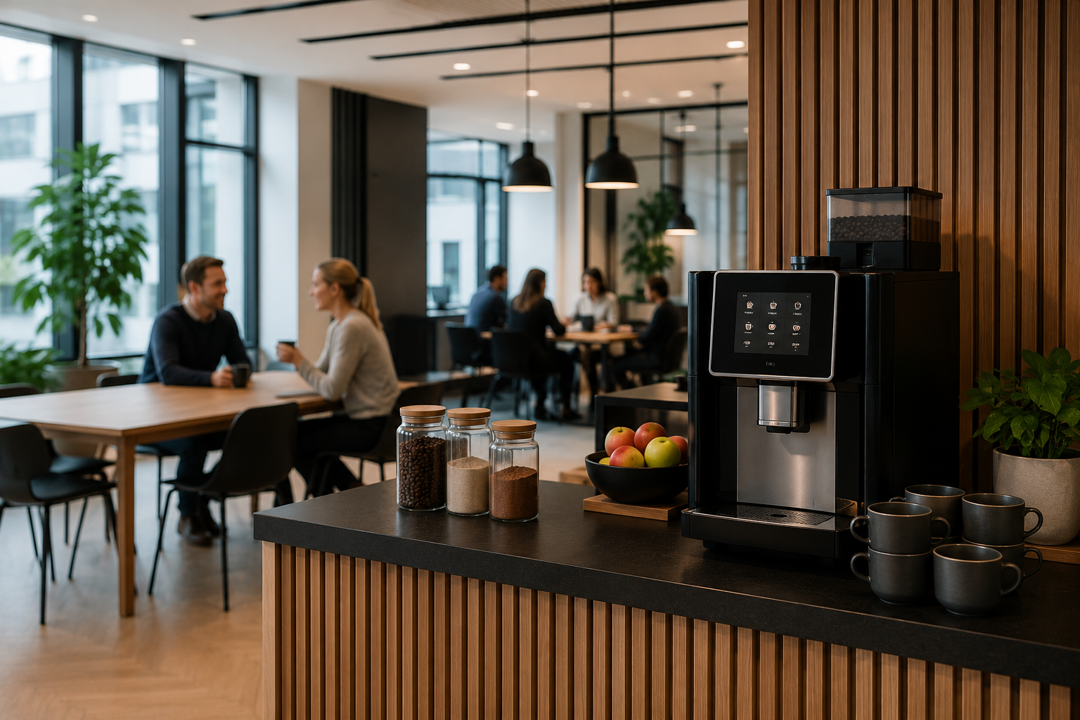 Kaffemaskin og kaffe på en arbeidsplass