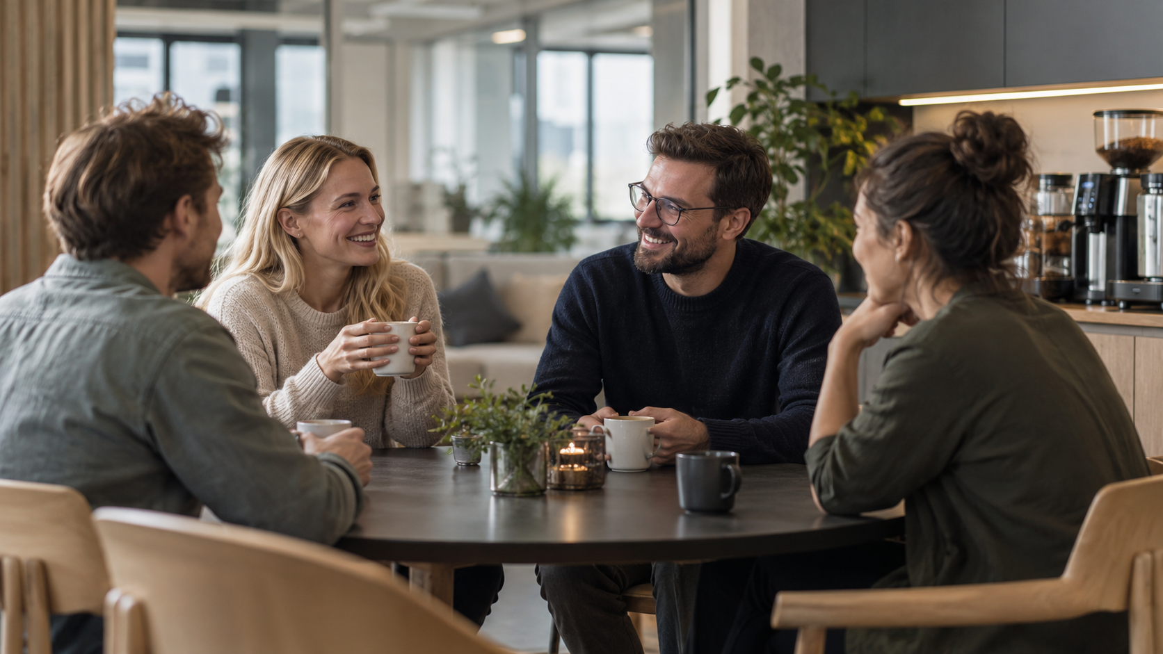 Hyggelig kaffepause med kollegaer på arbeidsplassen