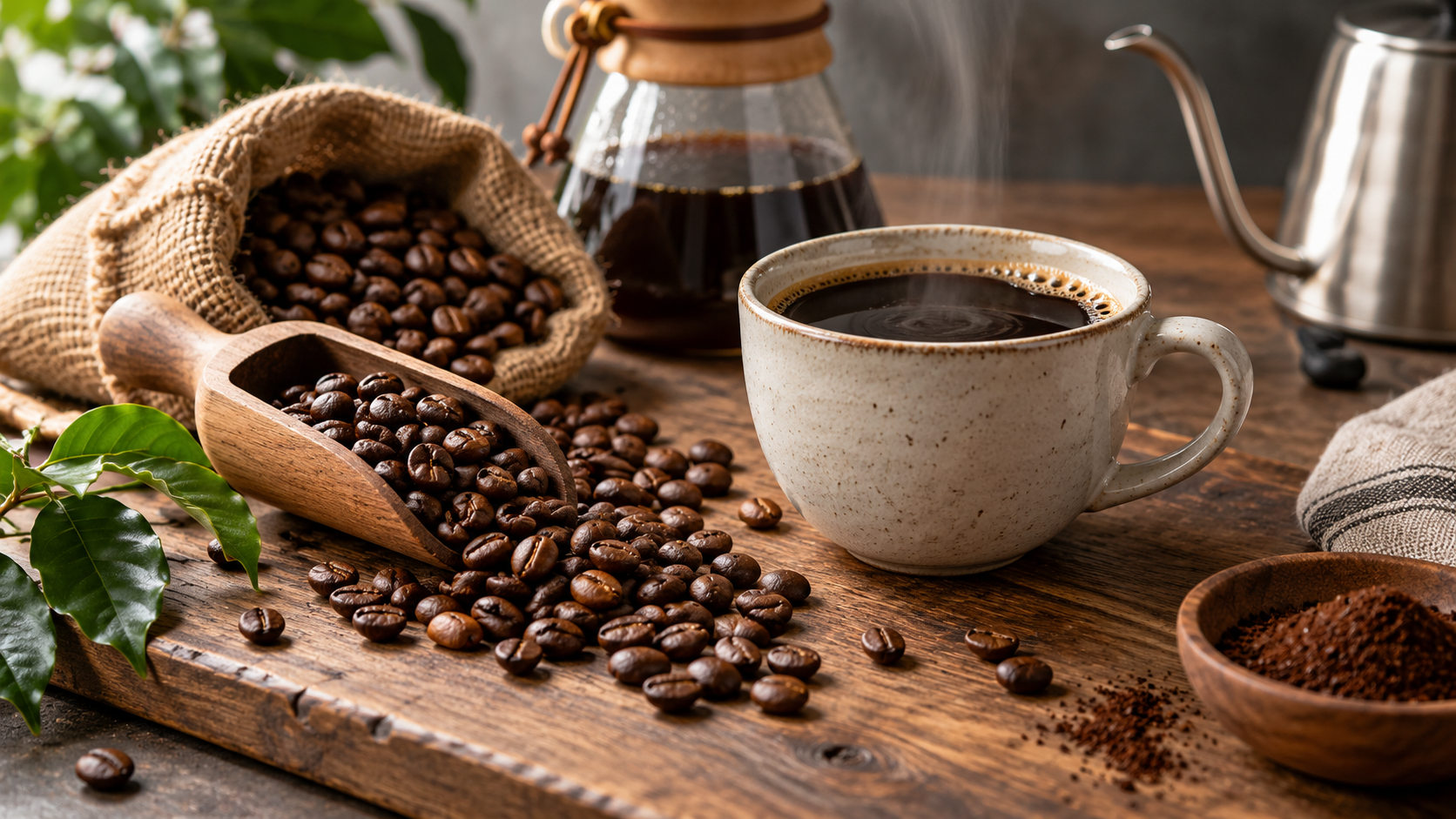 Kaffebønner og nytraktet kaffe